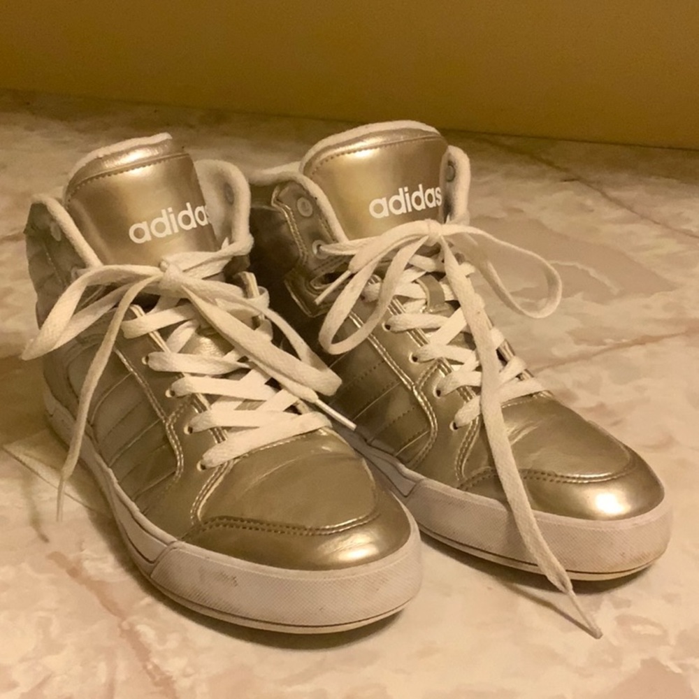 adidas Metallic Gold High-Top Sneakers with White Laces